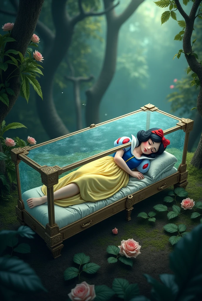 disney snow white laying down in a coffin glass