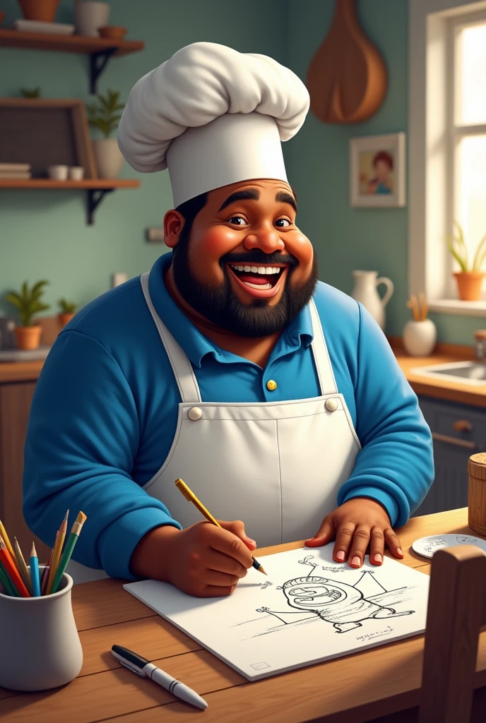 Cute chubby black man drawing in blue clothes with chef&#39;s hat