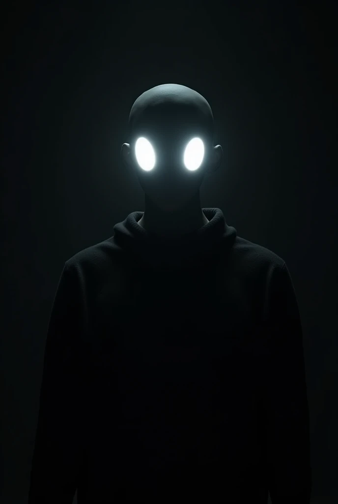 mug shot, portrait of a human wearing a black turtleneck and white glowing eyes mask with two long thin strings hanging from the top to bottom on both sides against a red background
