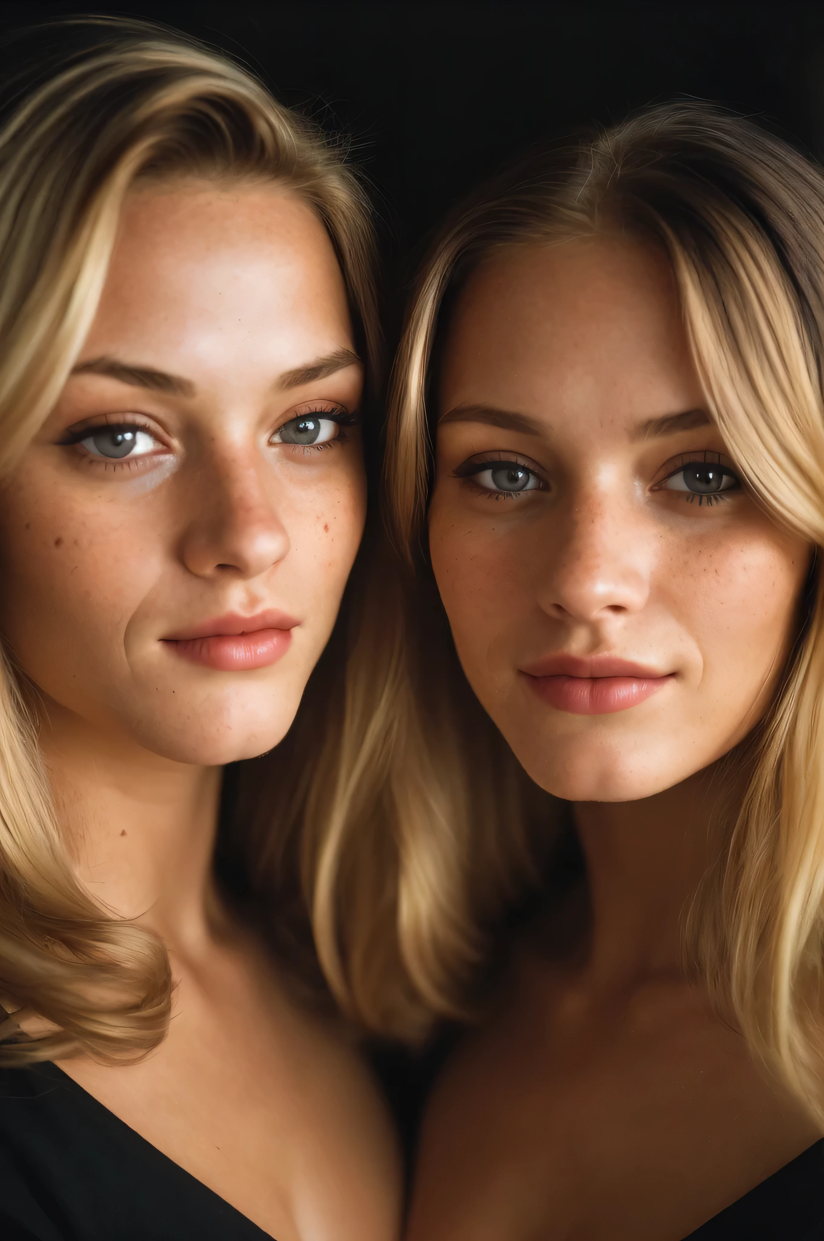 (close-up, editorial photograph of a 2 woman), (highly detailed face:1.4) (smile:0.7) (background inside dark, moody, private study:1.3) POV, Leica M6, film stock photograph , kodak portra 400, warm colors ,hyper realistic ,lifelike texture, dramatic lighting , full body, fully nude, blonde