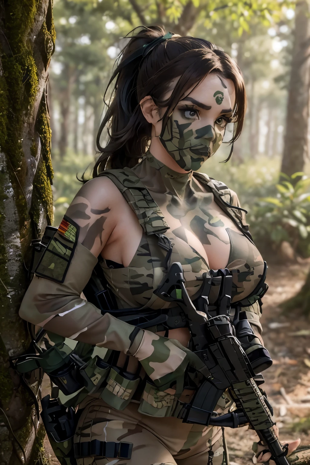 Woman, Brown Hair, Ponytail. Large Breasts, Cleavage, Green Army Fatigues, Huge Army Backpack, Camouflage Body Paint, ((Camouflage Face Paint)), (Face Fully Painted), Forest Camouflage, Hiding Behind Tree, ((Firing Assault Rifle))