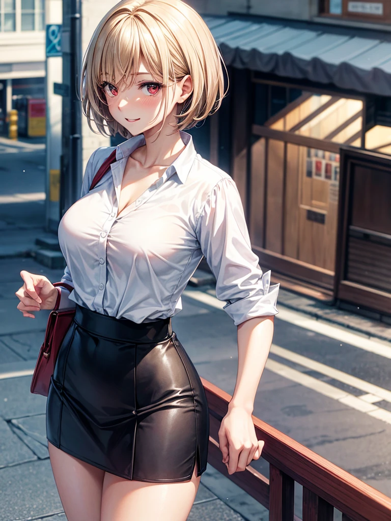 Anime Style, Ultra-fine illustrations, Very detailed, Beautiful details, Light toned image, quiet expression, Gentle expression, Happy expression, 8k, Cute with brown straight short hair & Red eyes & Bright smile & Full Bust & Soft and white skin、He is wearing a white business shirt with a slightly open chest.,Black tight skirt,Morning street of business buildings, in the morning, Glowing light particles, Romantic story, alone, Perfect Fingers, Perfect Arms, Perfect Legs, masterpiece.