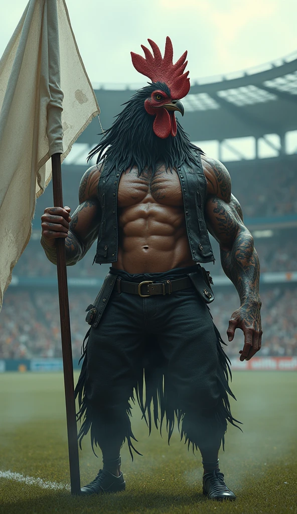 den, rooster bird, solo, male, adult, veiny muscles, defined body, toned muscles, dark black pants, terrorist, bandit, criminal, pirate, serious look, fierce look, small eye, black feathered body, white feathers, detailed background, wild background, clear weather, realistic, photorealistic, ultra realistic, 8k, bare chest, black nipples, tight crotch, shirtless, utility belt, shiny skin, torso tattoo, long feathers, unbuttoned black vest, in a soccer stadium holding a waving white flag, lots of smoke in the air behind