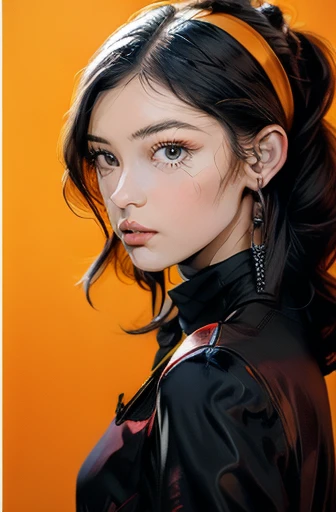 (oil painting,in Rembrandt style:1.1),(medieval portrait:1.2),oil painting with brushstrokes,masterpiece, best quality, detailed,portrait, A girl with a pearl earring,solo,three-quarter face, black eyes,lips,makeup,slightly open lips, Pearl earring,blue headband on yellow headscarf:1.2, White collar,yellow clothes, oil painting\(medium\),sidelight:1.4,shadow, from side,looking back,black background, simple background