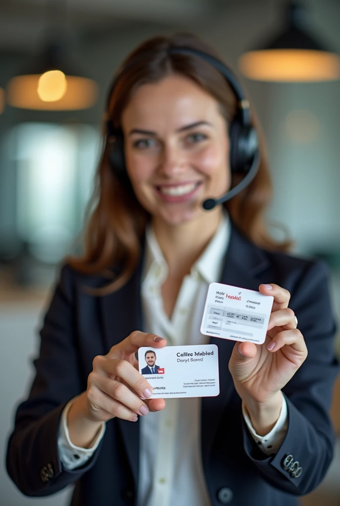 A sales consultant during her working hours using her work card and headphones with a microphone, He is taking a selfie showing his ID.
