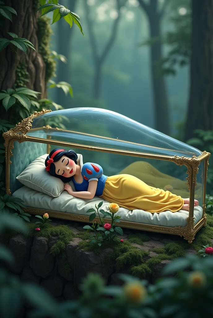 disney snow white laying down in a coffin glass