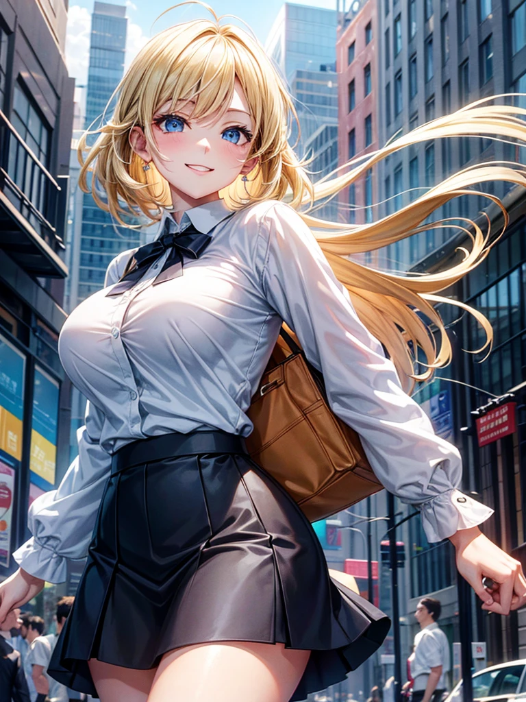 Anime style, super fine illustration, highly detailed, beautiful detailed, super pale tone image, happy expression, 8k, pretty 1girl with blonde straight short hair & blue eyes & a bright smile & full bust & soft fair skin is wearing big white business shirt not to show her skin & black tight skirt & 1business bag, on the business building morning street, in the morning, brilliant particles of lights, happy stories, solo, perfect fingers, perfect arms, perfect legs, masterpiece.