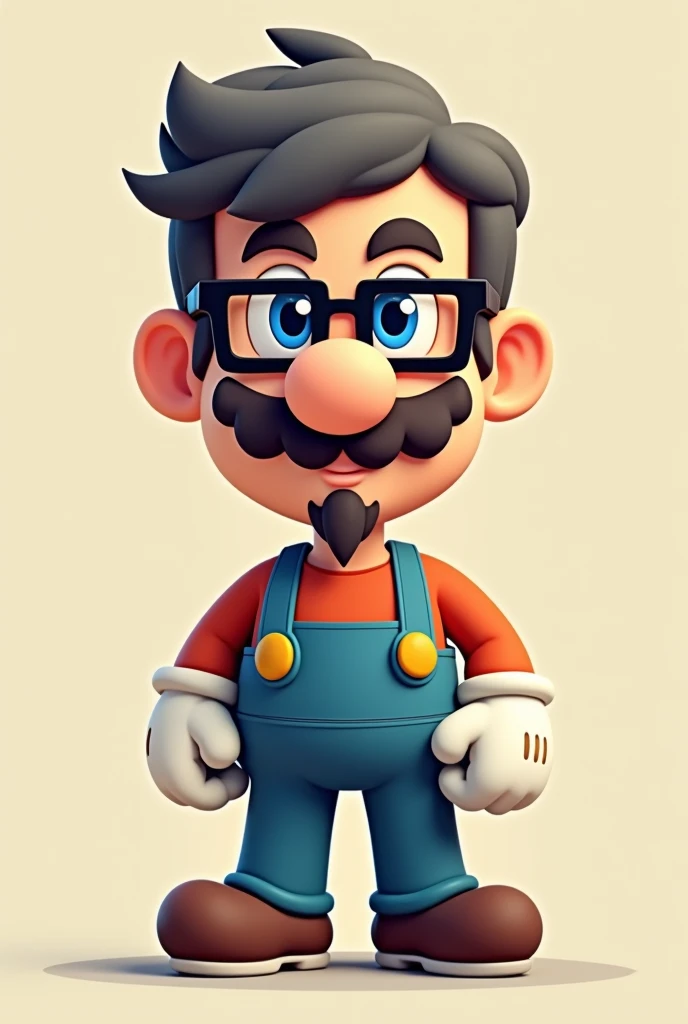 create a drawing of a male mario bros style character in pixels with gray and brown hair, black square glasses, gray beard with brown 
