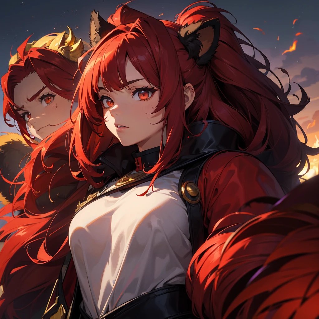 (masterpiece), best quality, expressive eyes, perfect face, aries, werebeast, hot, protector, solider, female, red hair,, guard, anime, beastial, anime, headshot, no human ears, fire, hairy bearded, warrior, massive lion mane, long and massive hair, sharp nails, red cat eyes, male and female lover werebeasts