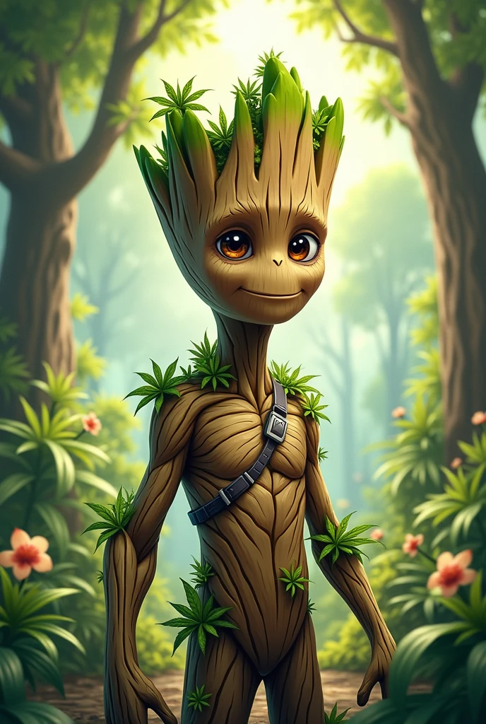 Groot with little cannabis plants growing on him in cartoon