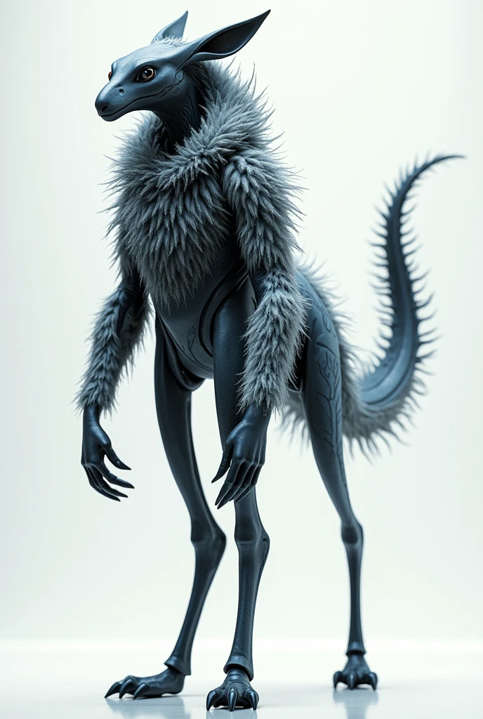 A sleek bipedal creature with cool design pattern and stripes and is fluffy.
