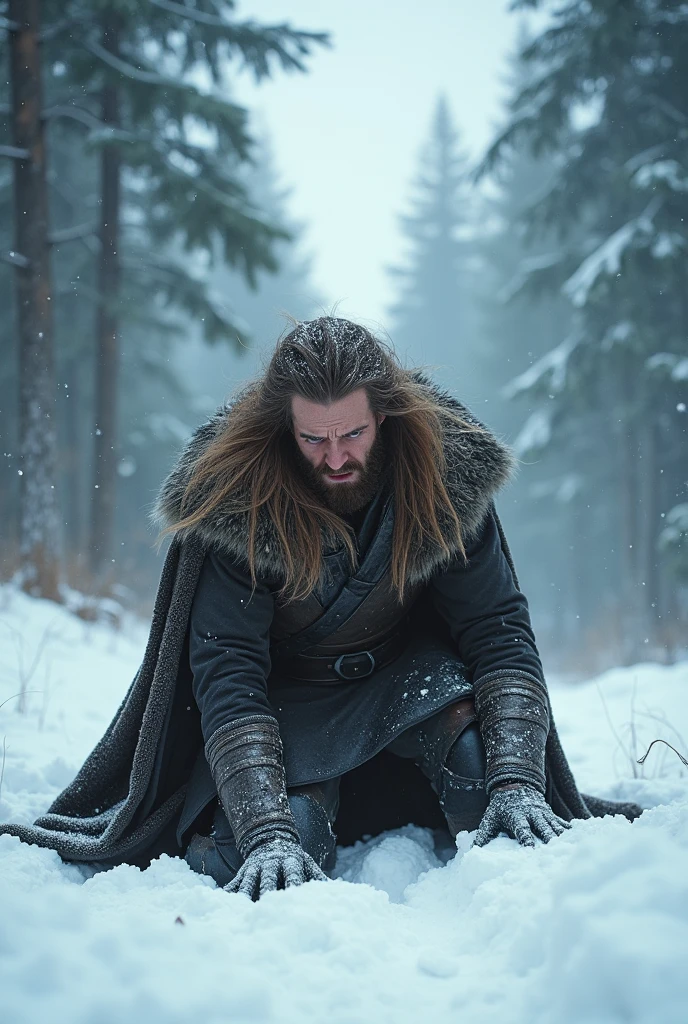 A demigod jarl,While walking through a snowy forest, fell to his knees, overcome by cold and despair. brown hair