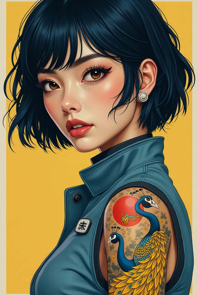 Imagine a woman of exotic beauty, Asian physiognomy but not with an Arabic touch, white skin like porcelain, dark brown Asian eyes, thick eyebrows, with a look that can be both soft and intense.with a neotraditional Japanese yellow peacock tattoo,on his arm, contrasts with his pilot uniform, revealing a complex and fascinating personality. Comic short dark blue-black hair, big nose, mole near the mouth, tall, thin comic type build

 