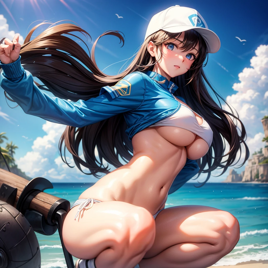 long dark hair / big tits / brown eyes /  score_9, score_8_up, score_7_up, source_anime BREAK 1girl, solo, looking at viewer, cowboy shot,  detailed background,  Heroine X, stomach, navel, white bikini, white panties, side-tie bikini bottom, blue shrug \(clothing\), long sleeves, wristband, baseball cap,  huge breasts, underboob, sideboob, beach, ocean, sunlight, waterdrop, heart hands,