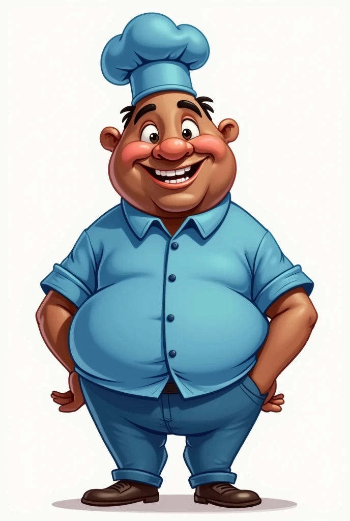 Simple cartoon style drawing of a slightly chubby black man in cute blue clothes with a chef's hat