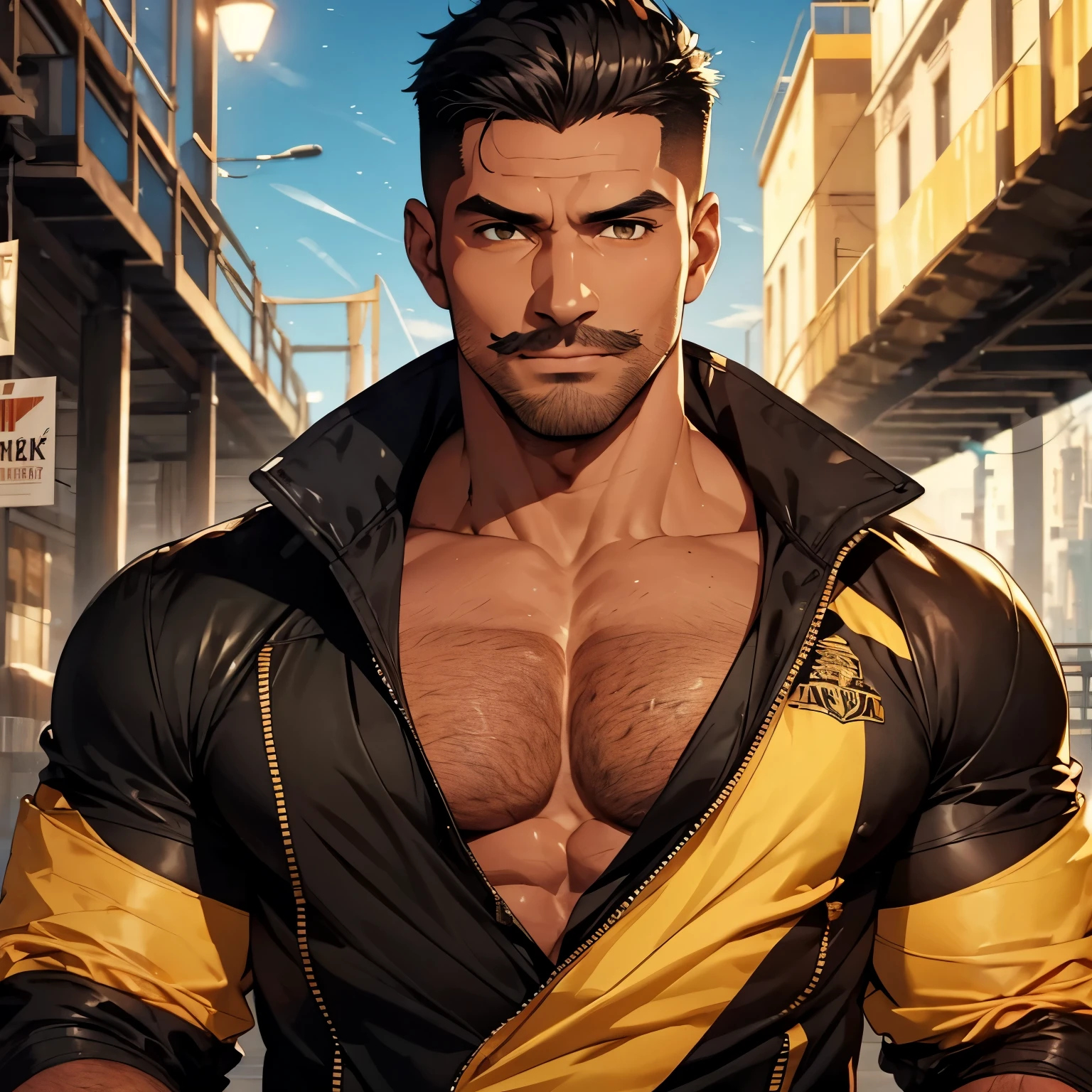 1 man, solo, bad boy, close up shot, a man snapping his fingers, white skin, shirtless, open chest, lots of black chest tattoo, stubble facial hair, muscular, hunk, short cut hair, black hair, smirks, turn head pose, hadesstyle, green fire, mythical fire, fantasy world, best quality:1.2, masterpiece, high resolution:1.2, big light yellow trench coat, gold necklace, high camera angle, shadow, volumetric lighting