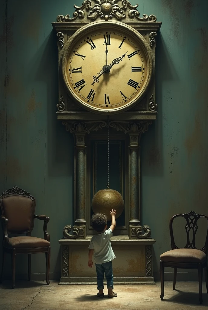 The child stops seeing his parents and returns to his past by turning the hand of the old wall clock