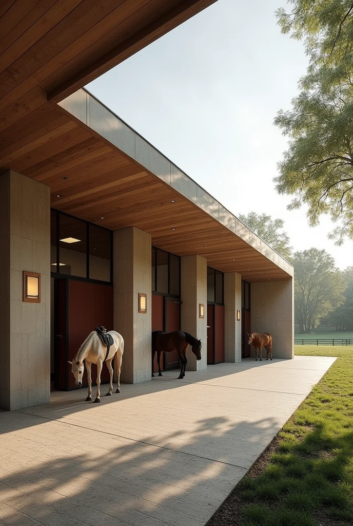 Create a horse stable in the style and features of Craig Ellewood's architectural works, more adapted for horses