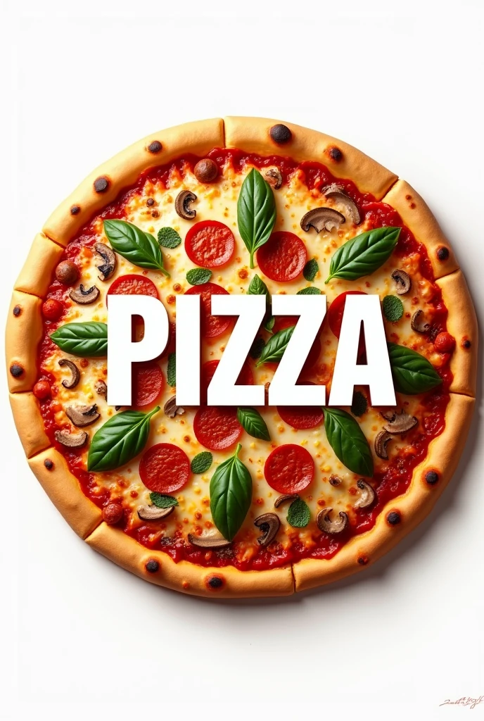 An image of a whole pizza with the name pizza in the center