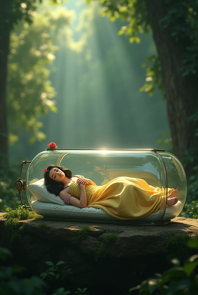 disney snow white laying down with the face up in a coffin glass