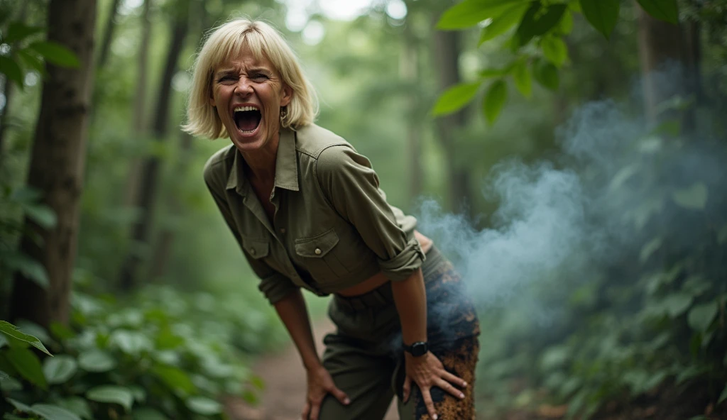Big ass , A cinematic photo of a young, talented actress resembling Doris Day with platinum blonde short hair. She is dressed as a poacher in the heart of the jungle. The actress is bent over, wearing long pants and a hunter's shirt, and holding a rifle. The edges of a big hole in her pants in the butt area have charred marks, and there's a significant amount of smoke emanating from her butt. Her platinum blonde hair is short and sleek, and she appears to be around 30 years old. The actress screams in pain, her eyes and mouth wide open, revealing a massive hole in her pants in the butt area from a shotgun accident. The scene is captured in stunning 4K high definition, with the jungle as a backdrop, and a comedic tone throughout. Close-up