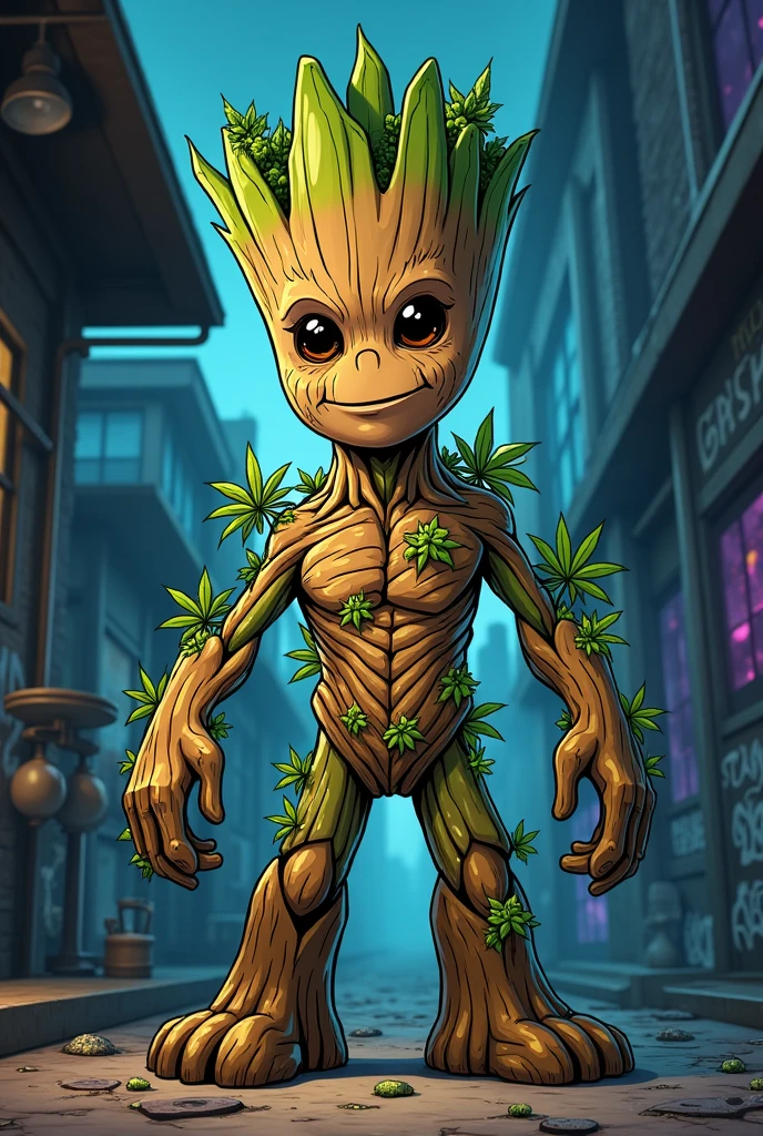 Groot in drug dealer mode with little cannabis plants growing on him in cartoon