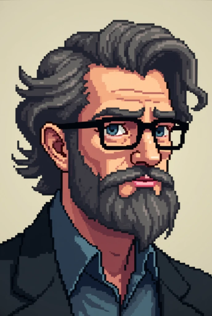 create a drawing of a male character in pixel with gray and brown hair, black square glasses, gray beard with brown