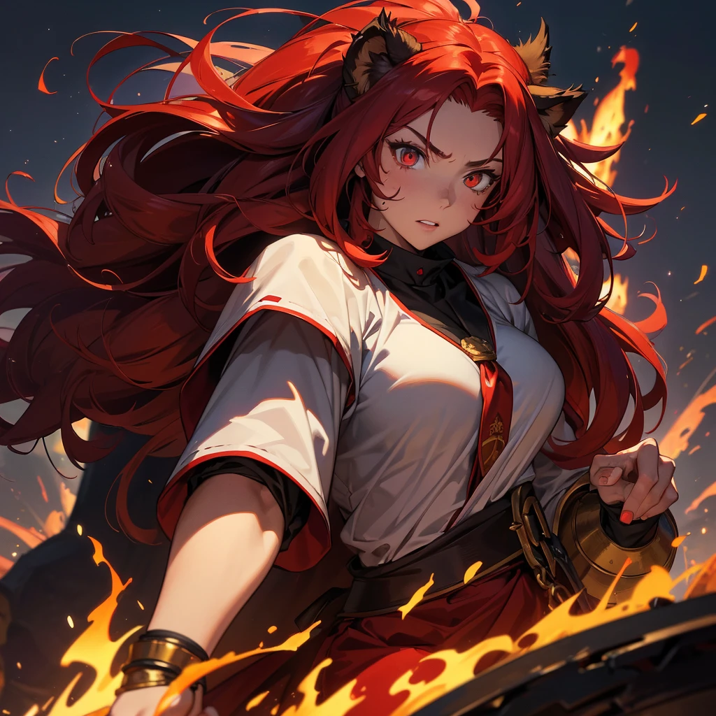 (masterpiece), best quality, expressive eyes, perfect face, aries, werebeast, hot, protector, solider, female, red hair,, guard, anime, beastial, anime, headshot, no human ears, fire, hairy bearded, warrior, massive lion mane, long and massive hair, sharp nails, red cat eyes