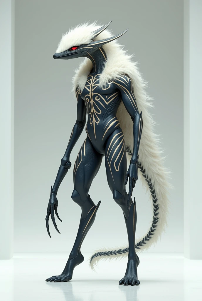 A sleek bipedal creature with cool design pattern and stripes and is fluffy.