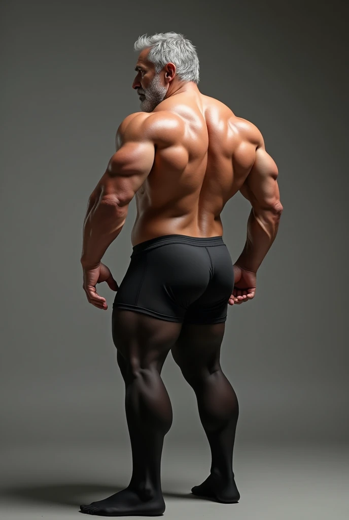 Middle-aged man, in the four position, seen from behind, with good physical condition, with beard and gray hair, shirtless, with two large, pompous and very well-defined buttocks, with a black boxer short, with long stockings that reach the end of her thighs, with a sweaty body.
