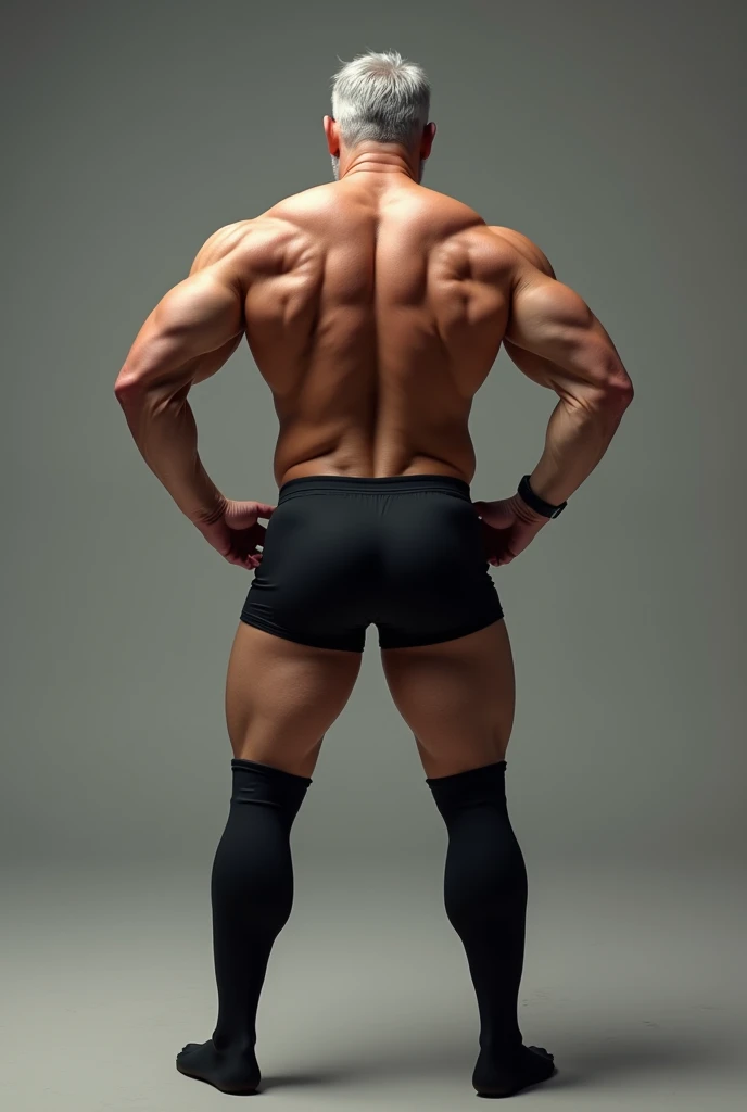 Middle-aged man, in the four position, seen from behind, with good physical condition, with beard and gray hair, shirtless, with two large, pompous and very well-defined buttocks, with a black boxer short, with long stockings that reach the end of her thighs, with a sweaty body.