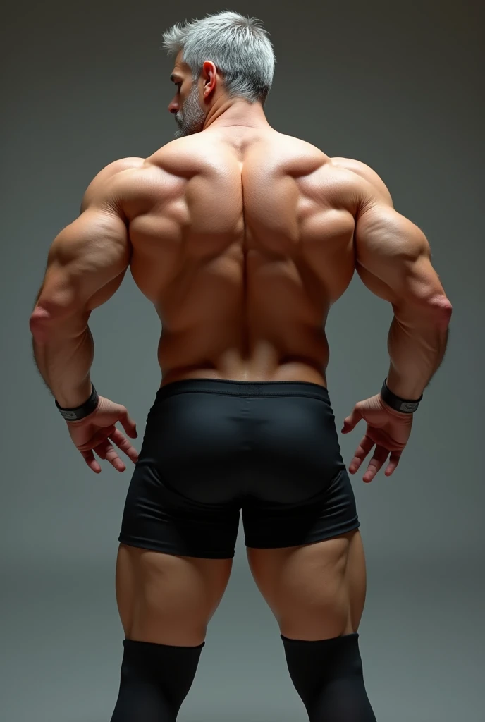 Middle-aged man, in the four position, seen from behind, with good physical condition, with beard and gray hair, shirtless, with two large, pompous and very well-defined buttocks, with a black boxer short, with long stockings that reach the end of her thighs, with a sweaty body.