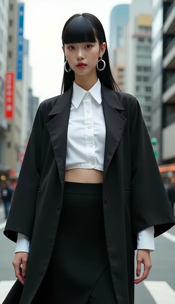(Blunt bangs, Princess Bang))), (((Very heavy,Voluminous bangs:1.1))),(((very long, Very heavy,Very voluminous side locks:1.1))),, Hime cut, Straight bangs hairstyle, People with round faces and plain bangs, dull with long hair、Bangs cut straight,))High Fashion Portrait, (Highest quality, detailed,masterpiece:1.2), Realistic, 1 person, Beautiful woman, Full Body Shot, Fashion Model, Dynamic pose, break small head, break (detailed buttocks, detailed legs, detailed body line, tight small breasts, Very small waist, Tight little ass, Beautiful muscular legs, Beautiful legs, Creates a sculptural beauty:1.2), Beautiful white, silky skin, A slim and beautiful neck, (Full Body Shot, Dynamic pose:1.2), break Opt for a sleek, (((Black Japanese style jacket, White oversized dress shirt,Black long skirt,Black boots))) Accessorize with an abundance of statement jewelry, Includes large silver cufflinks, oversized hoop earrings, Style hair in a sleek, Architectural Upstyle, Sharp angles and a sleek finish give it a futuristic feel., break small head, detailed face, ((Full body photo))((Directly facing)))looking at the camera,masterpiece，Highest quality，8k，クレイジーなdetailed，複雑なdetailed，超detailed，super quality，High detail(((The hem of the skirt is fluttering in the wind,))Costume,))looking at the camera(Realistic、Realistic:1.37)、,Highest quality, figure, 超detailedな, finely, 完璧なダイナミックな構figure, ((Taken in the middle of the scramble intersection)), Beautiful and fine details,Expressionless，, ,20 years old，Model body type,, ,Women are paying attention, Her face is beautiful and delicate，Showing an otherworldly beauty。,A female model stands tall in a crowded city street,, Fashion Model,looking at the camera,masterpiece，

