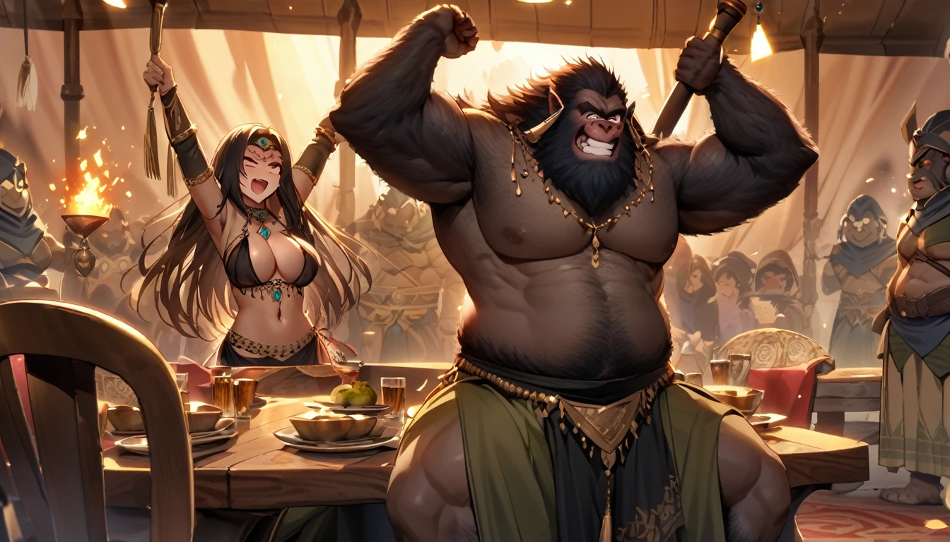 (Black Myth Wukong) A sexy belly dancer (asian woman, large breasts, large butt, sheer dress made of several veils, beetled bra, hourglass figure, laughing face of Black Myth Wukong, dark hairy powerful ape arms) is making a surprised face and shoving a pear in the enemy general, war tent lit with torches, tables of drunken confused warriors. camera is at the evil general
