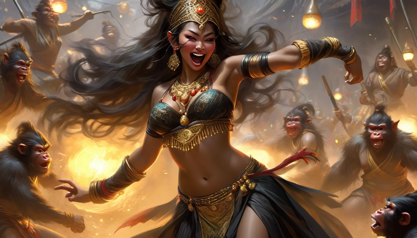 (Black Myth Wukong) A sexy belly dancer (asian woman, large breasts, large butt, sheer dress made of several veils, beetled bra, hourglass figure, laughing face of Black Myth Wukong, dark hairy powerful ape arms) is making a surprised face and shoving a pear in the enemy general, war tent lit with torches, tables of drunken confused warriors. camera is at the evil general
