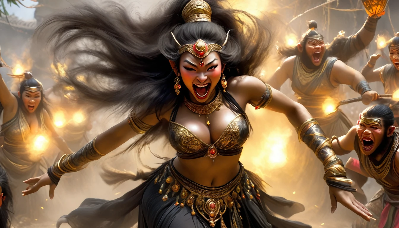 (Black Myth Wukong) A sexy belly dancer (asian woman, large breasts, large butt, sheer dress made of several veils, beetled bra, hourglass figure, laughing face of Black Myth Wukong, dark hairy powerful ape arms) is making a surprised face and shoving a pear in the enemy general, war tent lit with torches, tables of drunken confused warriors. camera is at the evil general
