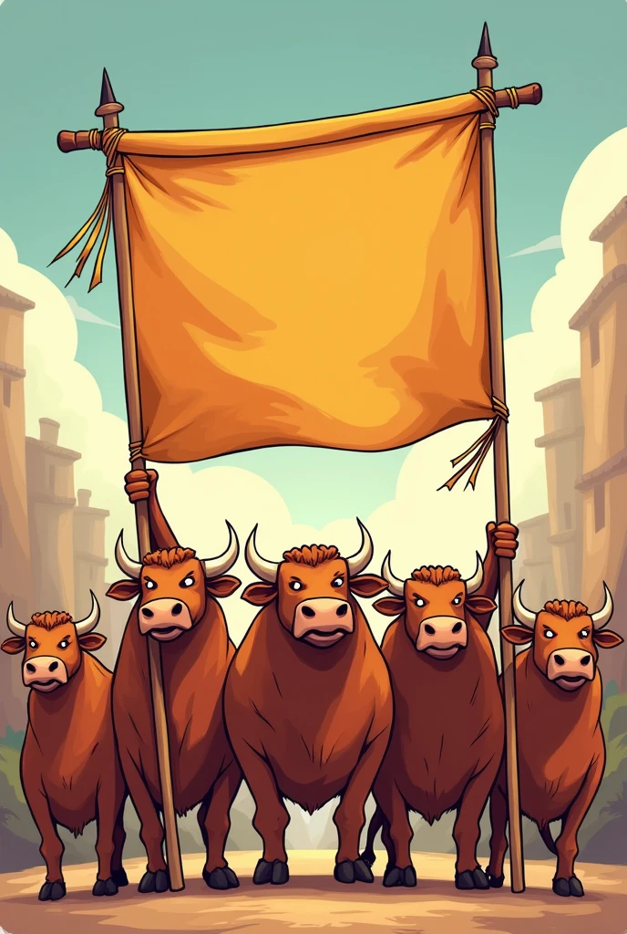 Cartoon pictures of group of bulls raising a banner
