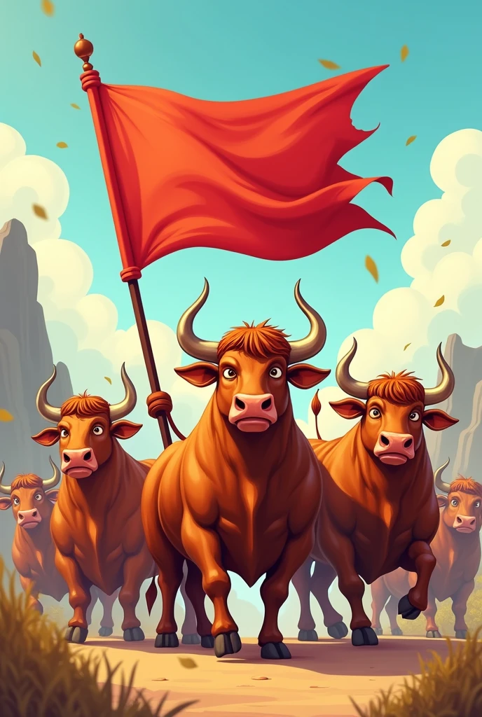 Cartoon pictures of group of bulls raising a banner