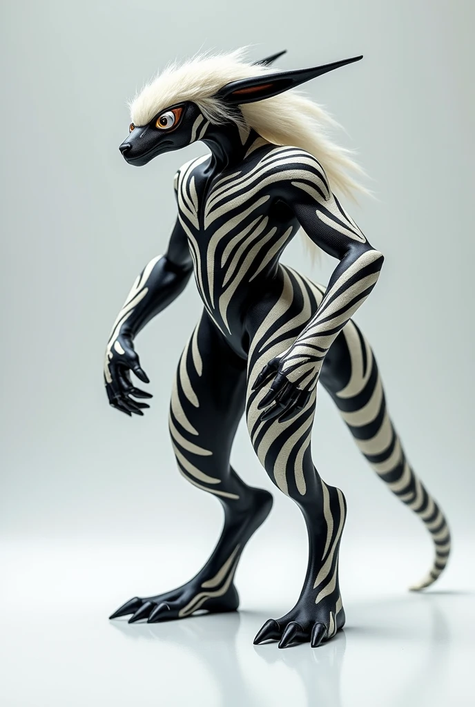 A sleek bipedal creature with cool design pattern and stripes and is fluffy.
