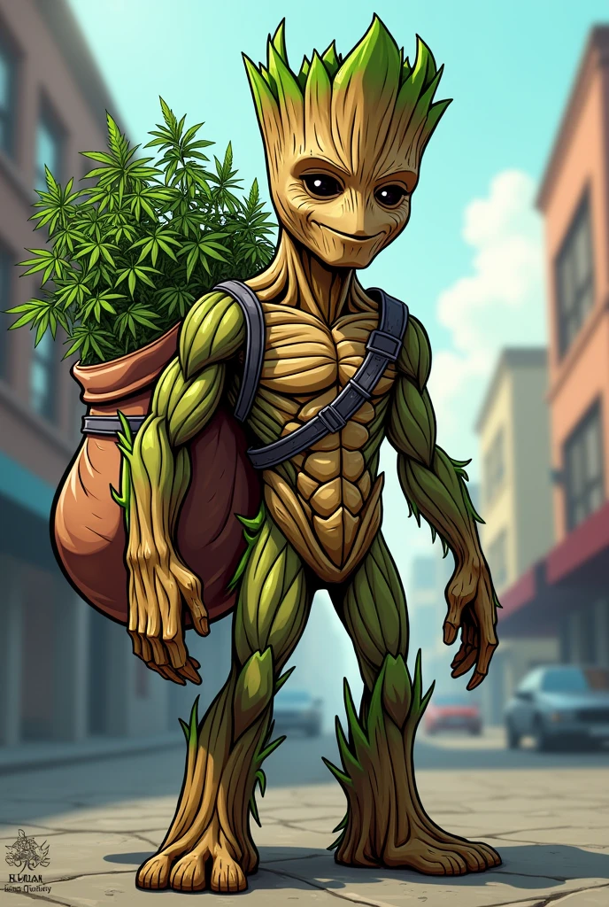 Groot in drug trafficker mode with a bag with small cannabis plants growing on him in cartoon