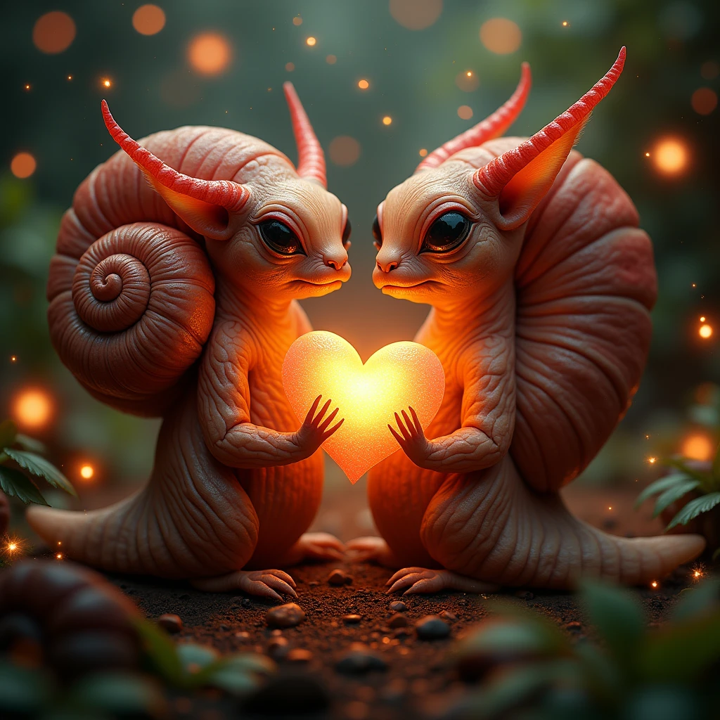 Two fantasy alien snails in love, Red glowing heart shell, Love is everywhere, Very detailed, Realistic texture, Complex, Tiny glowing heat flies ,