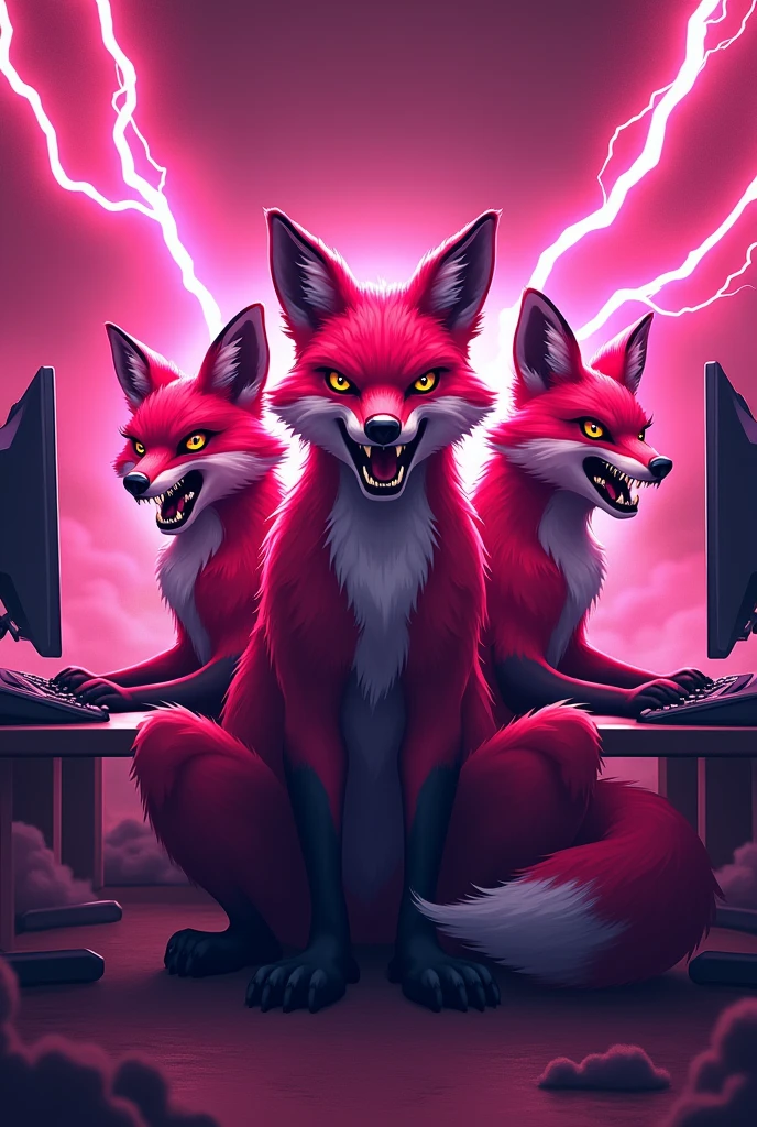 Sports logo of a room in competitive games, the color of the room is pink, and must show the mascot which are three pink foxes, a little aggressive, showing the competitiveness and determination of sports games. Add lightning elements that make the fox more intimidating