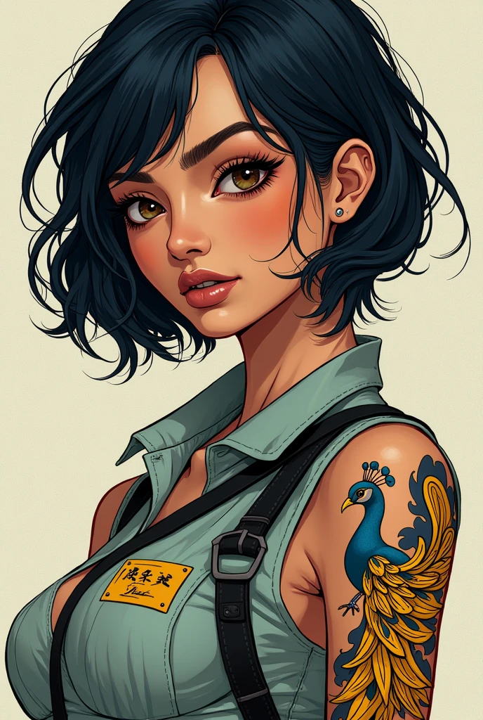 Imagine a woman of exotic beauty, Asian physiognomy with an Arabic touch, skin as white as porcelain, dark brown Asian eyes, thick eyebrows, with a look that can be both soft and intense.with a neotraditional Japanese yellow peacock tattoo,on his arm, contrasts with his pilot uniform, revealing a complex and fascinating personality. Comic short dark blue-black hair, big nose, mole near the mouth, comic type, slim stylized build