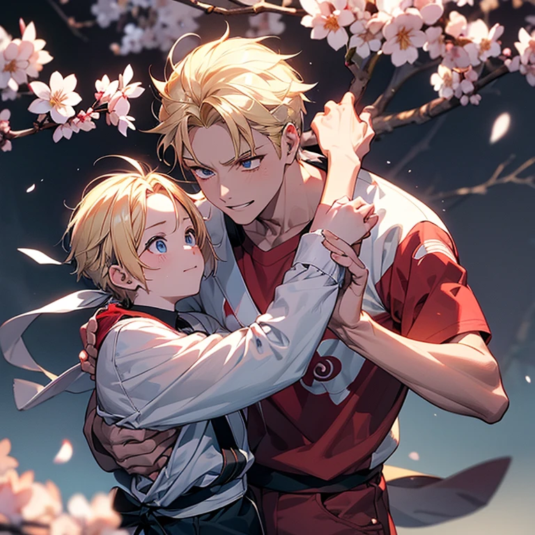 masterpiece, The best quality at the best, 1 chico, Menma Namikaze, Vestimenta Dogi de Jiu-jitsu, smile,with blonde hair, Short spiky hair, (Celestial Eyeballs:1.4), forehead protection, The cherry trees,cherry blossoms flying,light blue clothing,jiu-jitsuka