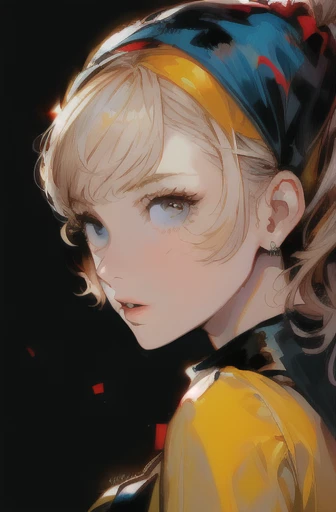 (oil painting, in Rembrandt style:1.1), (medieval portrait:1.2), oil painting with brushstrokes, masterpiece, best quality, detailed, portrait, A girl with a pearl earring, solo, three-quarter face, black eyes, lips, makeup, slightly open lips, Pearl earring, blue headband on yellow headscarf:1.2, White collar, yellow clothes, oil painting, (medium), sidelight:1.4, shadow, from side, looking back, black background, simple background