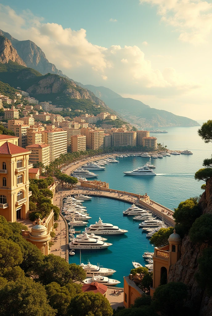 • Buildings and cityscapes: “grand hotels,” “luxurious buildings,” “ornate architecture.• Resort feel: “harbor with yachts,” “golden sunlight,” “Mediterranean Sea." • Elegant atmosphere: “luxury,” “champagne,” “small ornate window,” “exclusive destination
“A stunning view of Monaco from a different angle, showing the majestic architecture of the city’s grand hotels and casinos along the coastline. The harbor is filled with yachts, and the sun sets behind the hills, casting a warm glow across the Mediterranean Sea.”