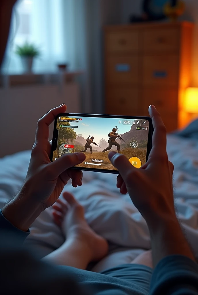 Take a first person view playing freefire on your cell phone in your bedroom