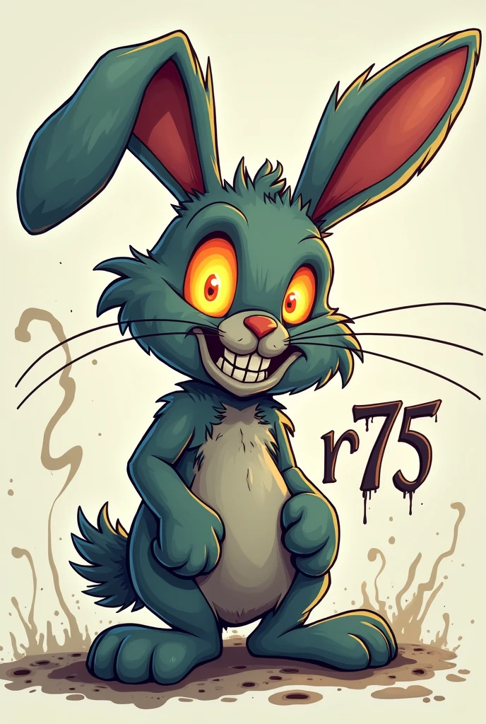 The word Rabiltex on a cartoon bunny buugs bonny possessed and Bad AND THE WORD R75 in bigger