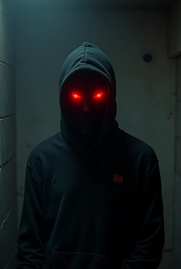 one  men, completely dark face, dark, with red neon eyes, and wearing a sweater 