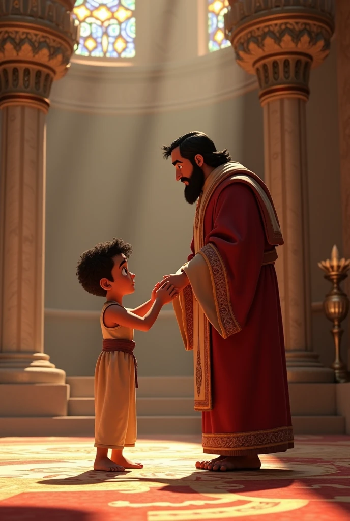 Israelite boy being presented to a priest in the company of his Israelite mother in the animated pixar temple